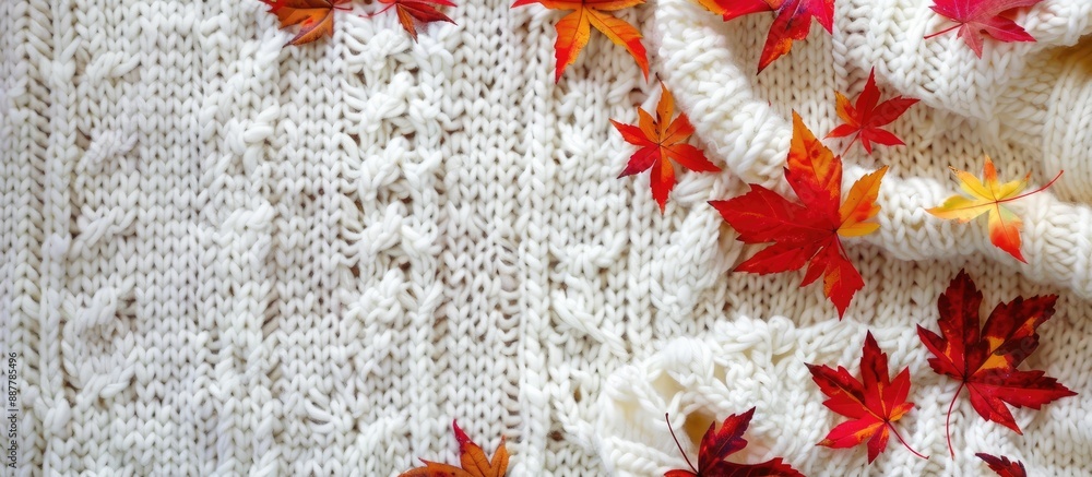 Poster Top view of white knitted apparel adorned with autumn red and yellow leaves set against a background with available copy space image