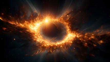 Fototapeta premium Abstract digital illustration of a fiery ring with bright starbursts on a dark background, suitable for use as a background image or screensaver.