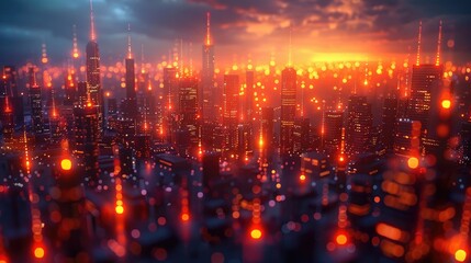 Obraz premium Futuristic cityscape glowing with vibrant lights at sunset, creating a stunning urban skyline atmosphere.