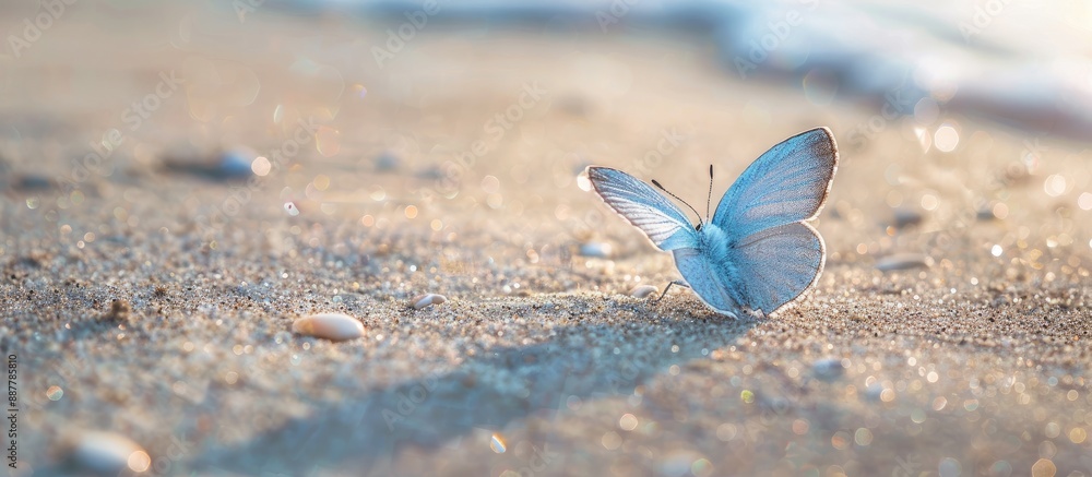 Poster A tiny light blue butterfly shaped seashell on the damp sand with a blank space for adding an image. with copy space image. Place for adding text or design