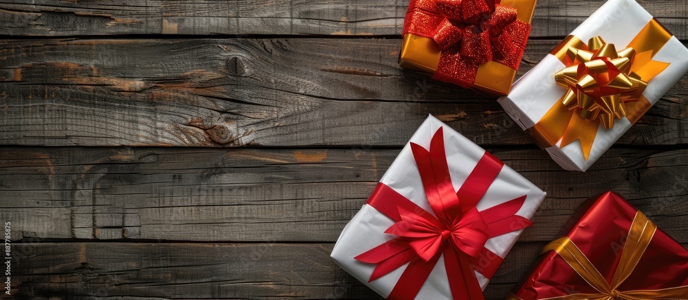 Poster gifts wrapped in white red and gold paper with vibrant ribbons displayed on a rustic wooden surface 