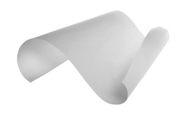 Single white paper flying, sheet falls and twists isolated on white, clipping path
