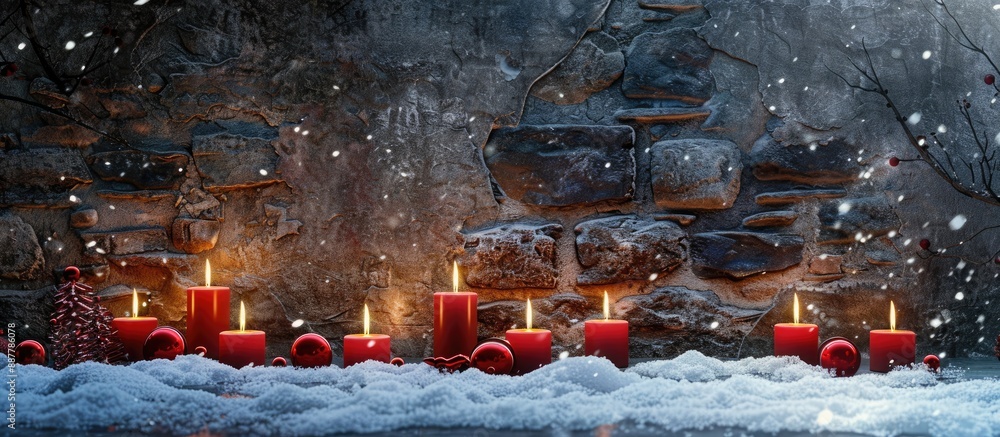 Aufkleber A festive scene with candles in the snow against a stone wall perfect for adding text or images within the frame. with copy space image. Place for adding text or design