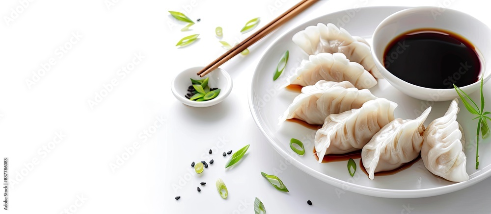 Poster A white background with steamed dumplings and soy sauce providing room for text or other elements in the image. with copy space image. Place for adding text or design