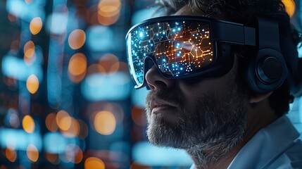 A man wearing a virtual reality headset experiences a simulation of lab-on-a-chip technology.