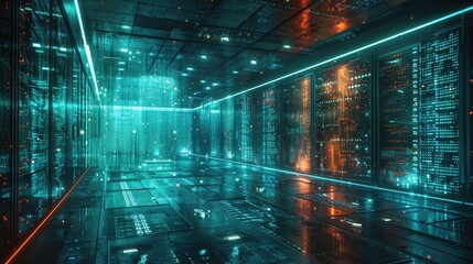 Futuristic data center room with glowing neon lights and reflective surfaces, showcasing advanced high-tech server infrastructure.