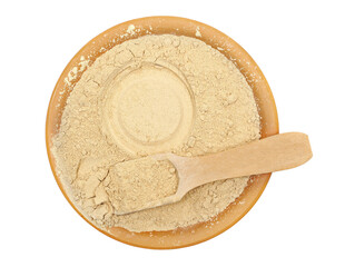 Black maca organic powder pile in cly pot isolated on white, top view