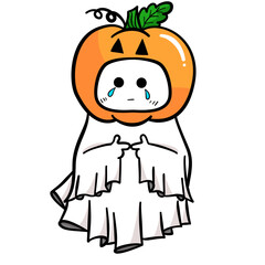 Cute cartoon sad ghost with pumpkin costume for Halloween party 