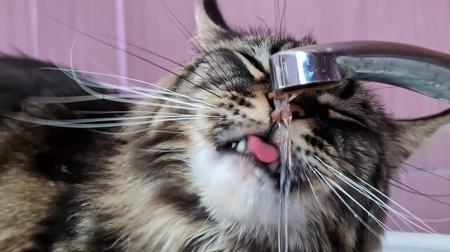 Slow motion close-up of cat feline pet animal drinking running water from household tap in kitchen bathroom appliance whiskers tongue tabby breed furry