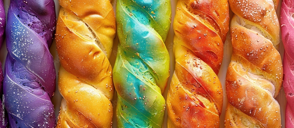Poster Colorful long John bread buns displaying a rainbow pattern ideal for adding text with copy space image