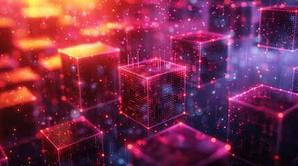 Futuristic digital blockchain technology concept with glowing cubes in vibrant pink and orange hues representing data transfer and connectivity.
