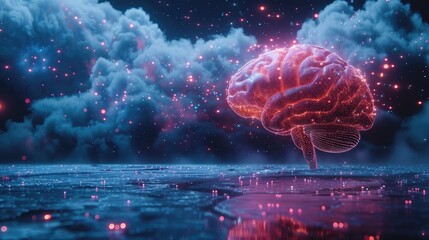 Futuristic digital brain with glowing neural connections floating over a water surface, symbolizing artificial intelligence and cognitive technology.