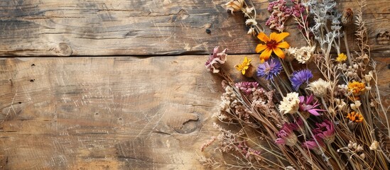 Naklejka premium An arrangement of dried flowers displayed on a weathered wooden surface with ample copy space for adding text to the image
