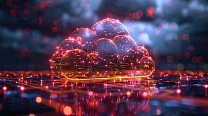 Futuristic glowing cloud icon over circuit board symbolizing cloud computing technology, data storage, and digital transformation.