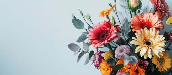Obraz premium Vivid bouquet with a pencil and flowers set against a plain background for copy space image