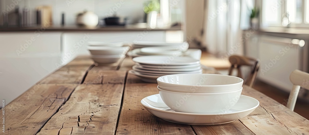 Poster Indoor scene with a fresh set of white dishes displayed on a wooden table creating an inviting atmosphere with visible copy space image