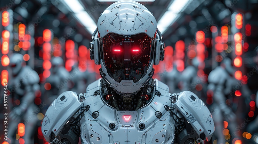 Poster futuristic robot army with glowing red eyes standing in formation, showcasing advanced artificial in