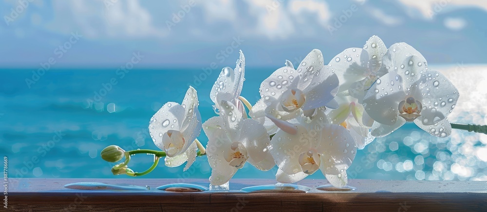 Poster white dendrobium orchid flower with raindrops on a wooden railing against an ocean background creati