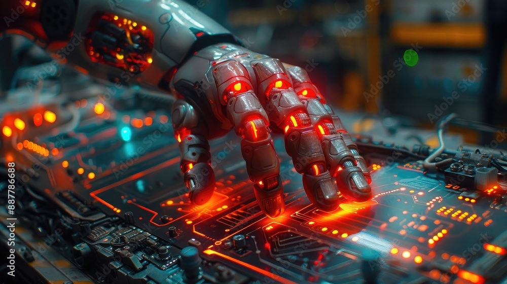 Poster futuristic robotic hand interacting with glowing circuit board in a high-tech setting, illustrating 