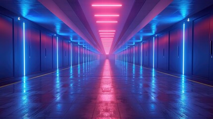 Fototapeta premium Futuristic neon-lit corridor with vibrant blue and pink lights creating a symmetrical tunnel effect, ideal for sci-fi and cyberpunk themes.
