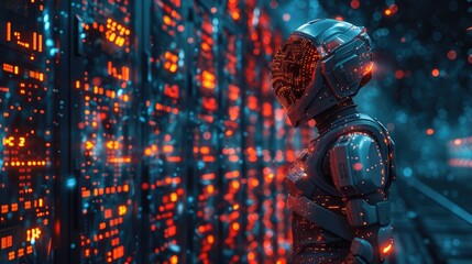 Futuristic robot examining illuminated server room with advanced technology, showcasing artificial intelligence and data processing in sci-fi setting.