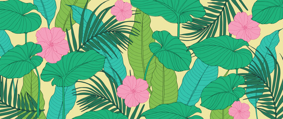 Fototapeta premium Bright tropical foliage background. Tropical plants and flowers. Vector botanical illustration