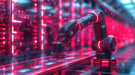 Futuristic robotic arm in neon-lit data center environment, symbolizing automation, technology, and digital innovation.