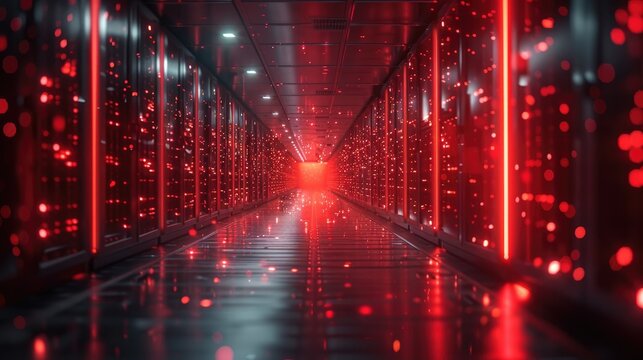 Futuristic red-lit data center or server room, with glowing lights and reflective surfaces creating a sci-fi atmosphere.
