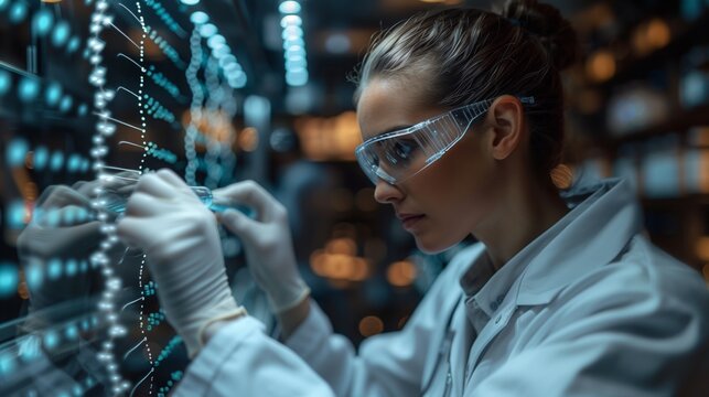 A female scientist in a lab coat and safety glasses carefully examines a glowing DNA strand in a laboratory setting.