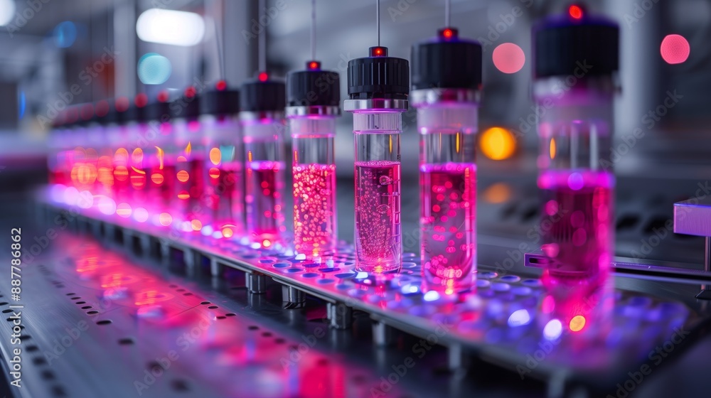 Poster a series of lab-on-a-chip devices are lined up and illuminated with colored light in a research faci
