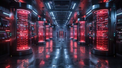 Futuristic server room with red-lit data storage units, advanced technology, and sleek design. High-tech infrastructure and cybersecurity concept.