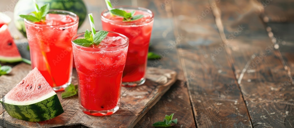 Poster refreshing watermelon beverage in a glass on a table with copy space image