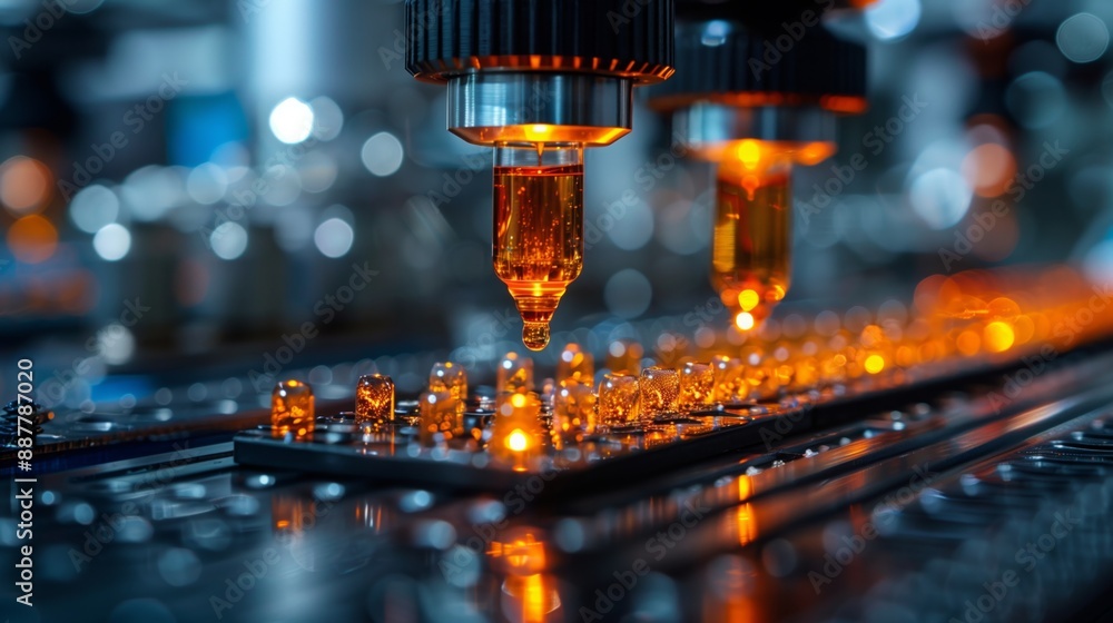 Poster close-up of lab-on-a-chip device precisely dispensing liquid into microfluidic channels, demonstrati