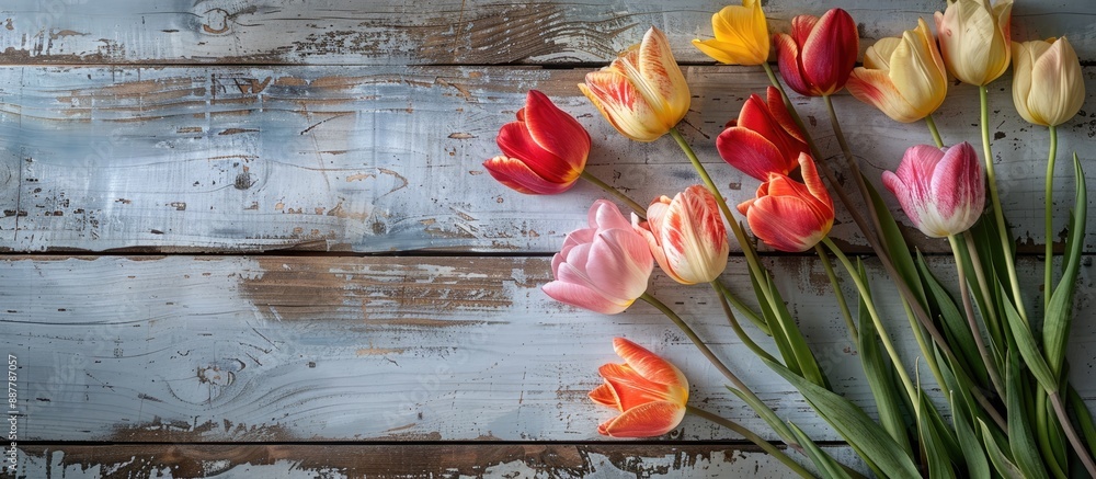 Poster tulips arranged on an antique wooden backdrop creating a charming scene with copy space image