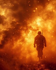 Naklejka premium Soldier escapes drone attack as it drops grenade, narrowly avoiding targeted explosion