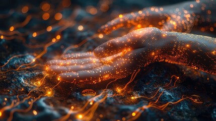 Glowing hands emitting digital lights and sparks, symbolizing touch technology, innovation, and futuristic interaction.