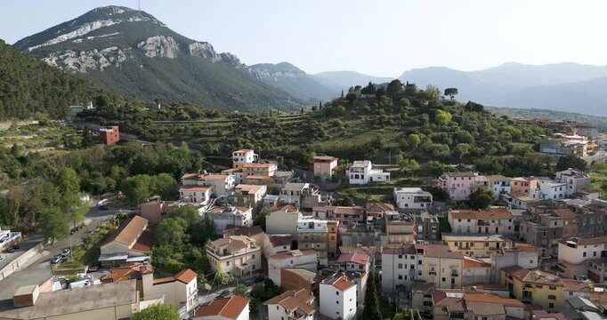 Supramonte Mountains And Old Homes In Dorgali In Sardinia, Italy. Rising Aerial Shot.
