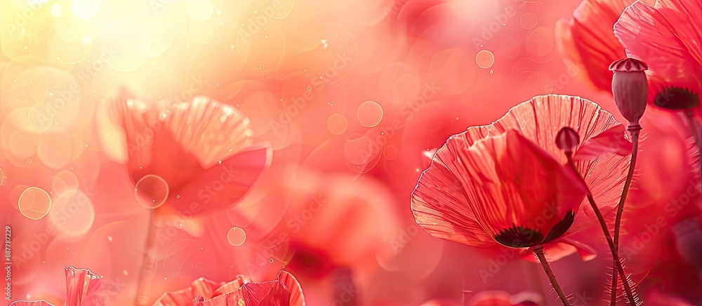 Poster Blurred macro background with red poppies suitable for a romantic greeting card with copy space image capturing blooming flowers on a sunny spring day