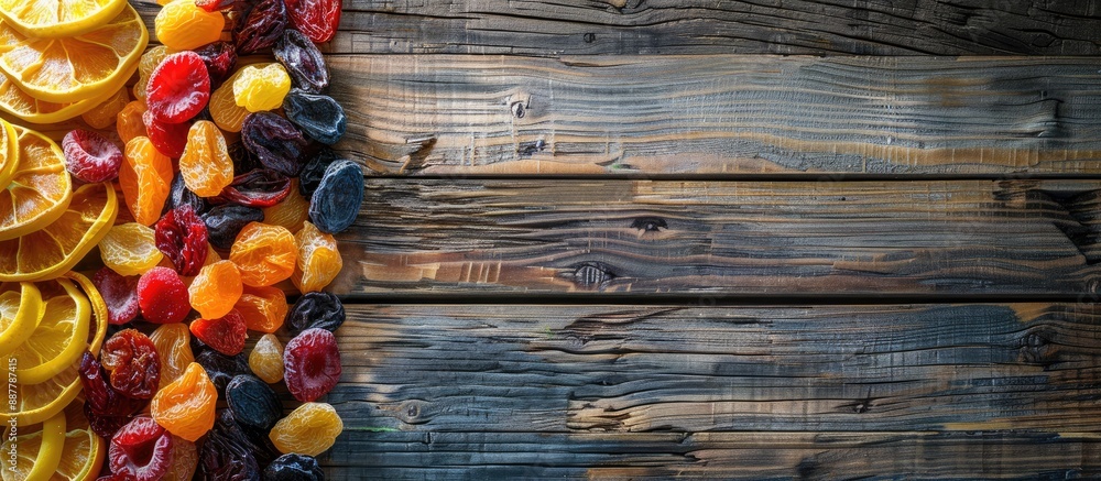 Poster top view of assorted dried fruits on a wooden surface with copy space image promoting a healthy life