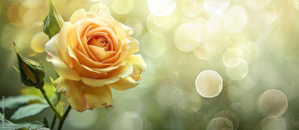 Aufkleber Yellow rose blooming alone against a soft focus background with ample blank space for custom text Capturing the essence of summertime in nature