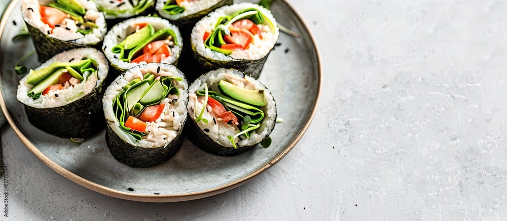 Poster Top down view of homemade avocado tuna wraps arranged on a plate with space for text in the image. with copy space image. Place for adding text or design