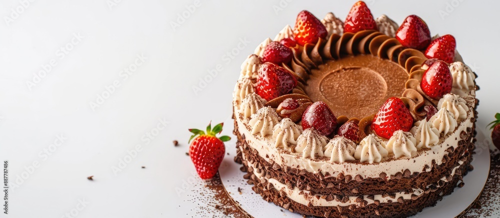 Aufkleber A scrumptious cake with chocolate mousse flavor vanilla and cream filling topped with strawberries on a white background with room for text or images. with copy space image