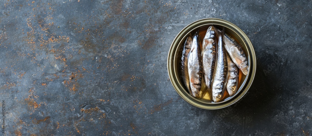 Leinwandbilder top view of anchovies in a tin can with copy space image for a rustic seafood background suitable fo
