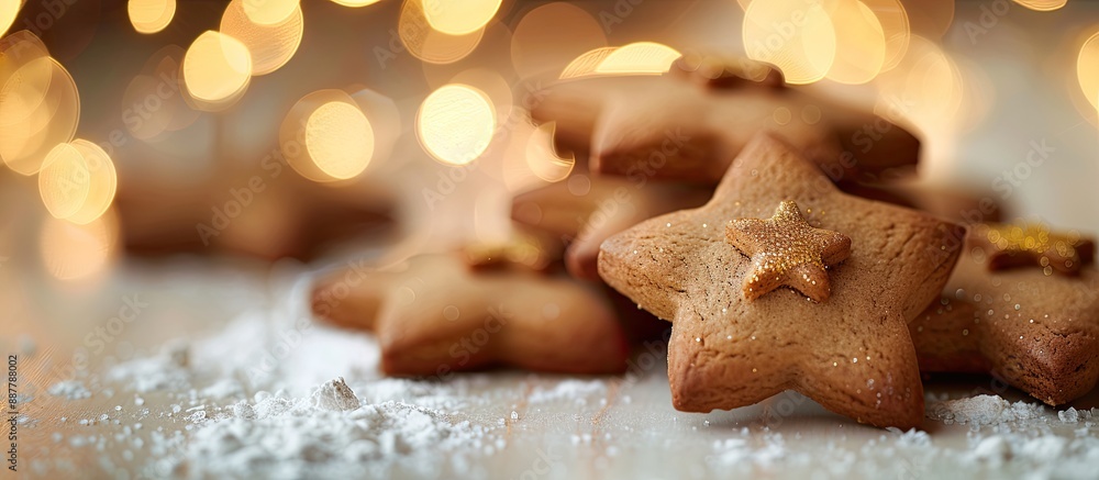 Aufkleber Close up of star shaped gingerbread cookies on a white table with New Year s golden lights bokeh in the background creating a festive Christmas winter card with copy space image