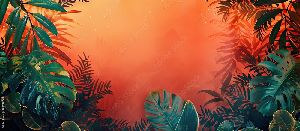 Aufkleber summer art with an underwater design featuring jungle leaves against a red orange background leaving