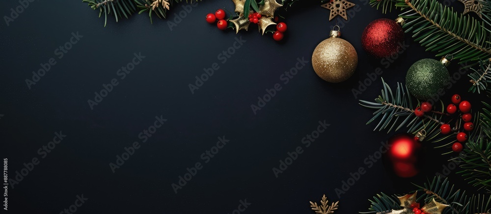 Poster a stunning christmas themed design featuring a black background with a christmas tree branch ornamen