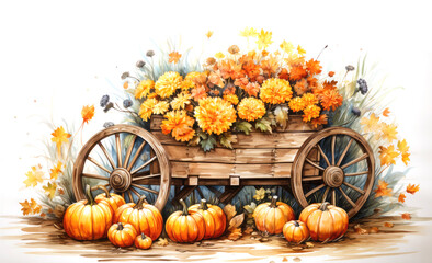 Watercolor retro illustration of a wooden cart with pumpkins and autumn flowers, sunflowers, vintage, old, floral bouquet, harvest, Thanksgiving Day, background, wallpaper, generative AI