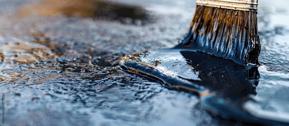Aufkleber Close up shot of a paint brush applying bitumen mastic on a surface for waterproofing with ample copy space for an image