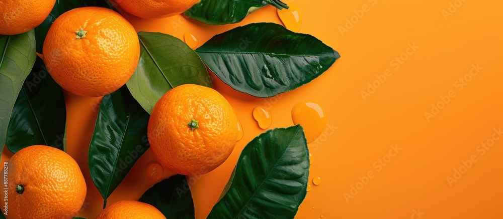 Fototapete a vibrant orange banner featuring fresh oranges with lush leaves for design conveying a health consc