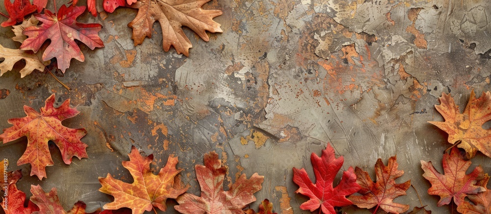 Aufkleber Fall themed background featuring red oak leaves in transition symbolizing the changing seasons from summer to fall ideal for Thanksgiving Day with ample copy space image